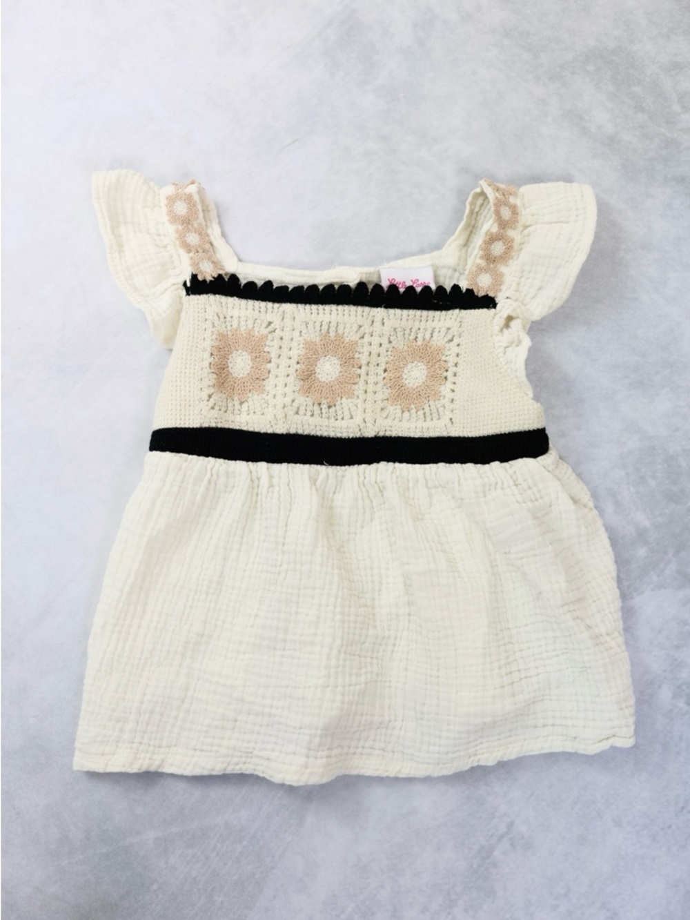 Little Lass Girls Cream Blouse with Beige Flower Crochet and Black Trim Size 12